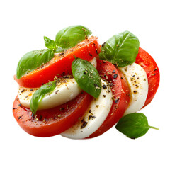 Classic Caprese salad features tomatoes, mozzarella, basil, and seasoning on black background.