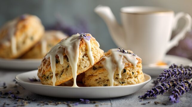 Soft-focused dessert scene, lavender scones and white plate, modern aesthetic