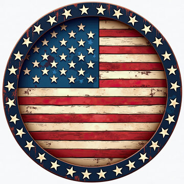 Celebrate American pride with this rustic patriotic emblem, a vintage USA flag design on distressed wood planks, enclosed in a bold circular frame of stars.
