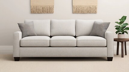Modern Three-Seater Sofa with Throw Pillows, Decorative Wall Art, and Potted Plant Creating a Cozy Living Room Interior.