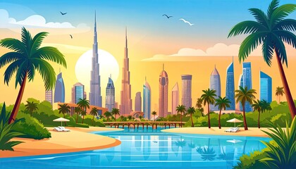 Dubai Skyline at Sunset: Tropical Beach Paradise