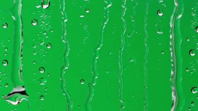 close-up shot of water drops gently sliding down a glass surface on a rainy day. The droplets vary in size and movement, creating a realistic, calming effect