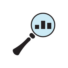 Data analysis icon vector. Bar graph under magnifying glass, representing analytics, statistics, or performance.