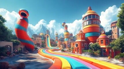 Colorful fantasy city with giant rainbow slide and snake, sunny day