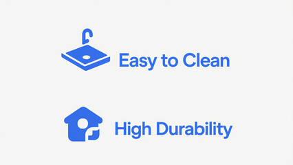 Hanging items and house icons represent easy cleaning and high durability, suitable for home product promotion and performance demonstration scenarios.