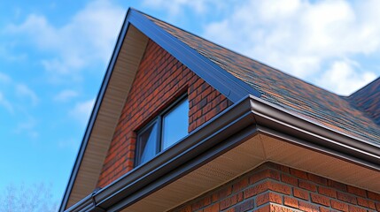 Roofline detail of a residential home with a brick exterior.