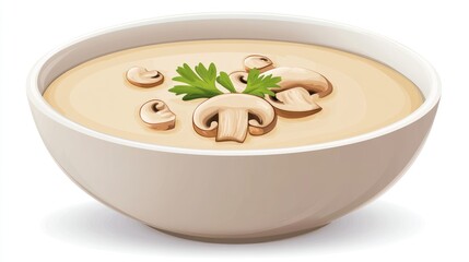 Creamy mushroom soup in a shallow, off-white bowl, garnished with sliced mushrooms and fresh parsley.  The soup is a pale beige color, and the bowl casts a subtle shadow