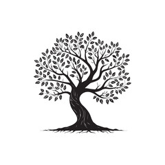 Black silhouette of a majestic tree with lush foliage and exposed roots