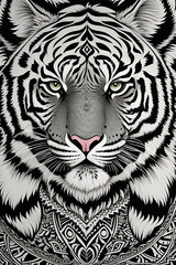 Striking Black and White Ink Illustration of a Tiger