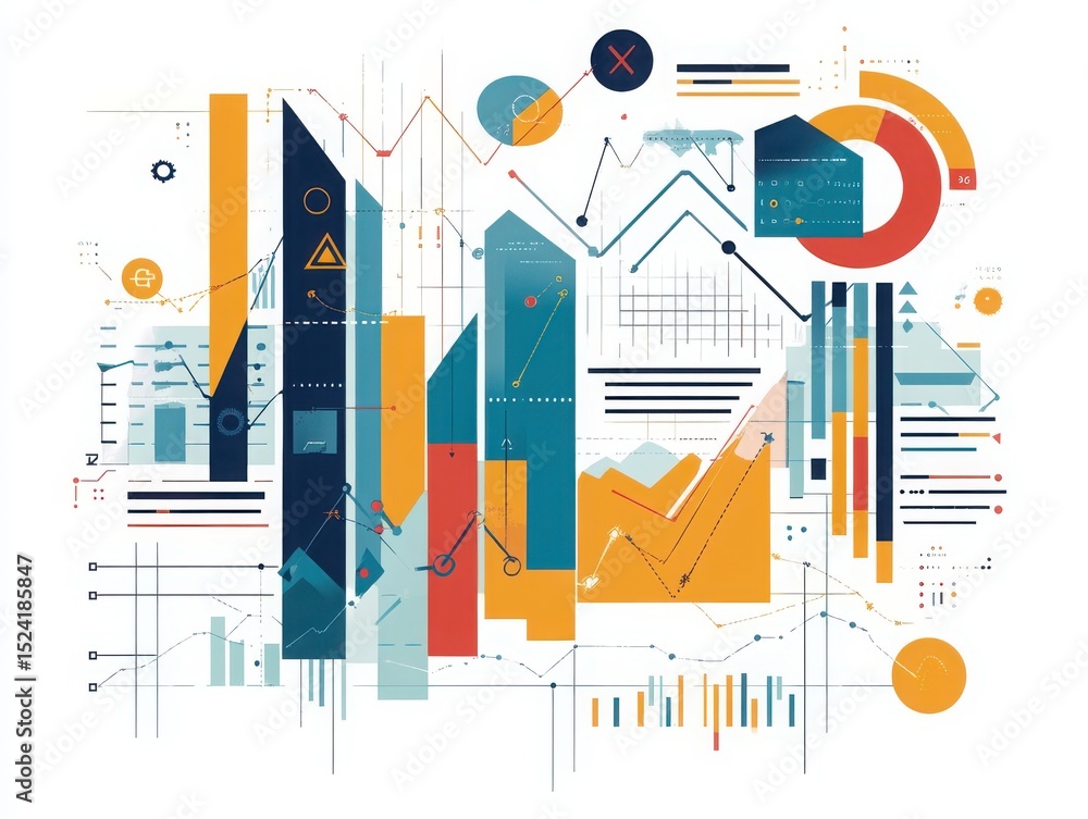 Poster abstract data visualization with charts graphs and geometric shapes on white background