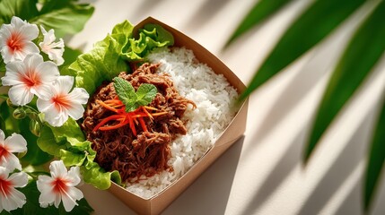 Close-up of a well-packaged meal inside a box ready for delivery featuring fresh ingredients and thoughtful presentation