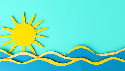 Summer vacation background with sun and sea waves paper cut style for travel and holiday concept
