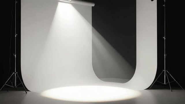 Studio spotlight shining on seamless white cyclorama backdrop	
