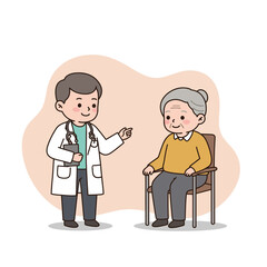 Doctor explaining to elderly woman while sitting in a chair  