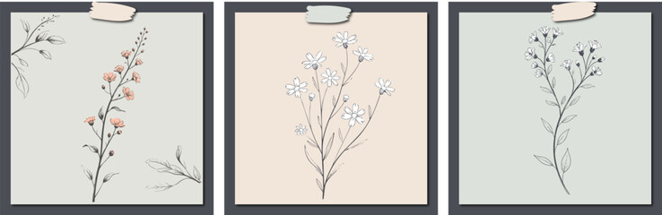 Delicate floral illustrations featuring various flowers on soft pastel backgrounds evoke sense of tranquility and beauty