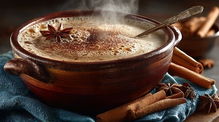 Steaming Creamy Beverage with Cinnamon and Star Anise in Rustic Bowl: Cozy Drink Still Life Composition.