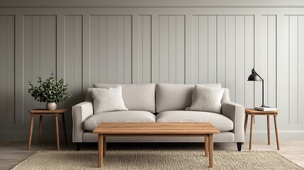 Elegant living room interior featuring a neutral sofa, wooden furniture, and decorative wall paneling for modern home design.