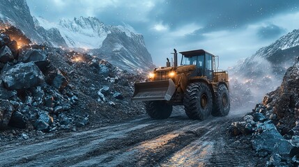Heavy machinery moves through a mountain mining site.