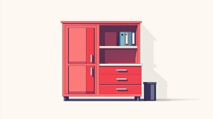 A coral-red cabinet with a closed door, open shelves holding files, three drawers below, and a small black waste bin beside it, rendered in a simple, slightly low-poly style against a white background