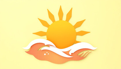 Bright summer sun shining over ocean waves paper art illustration for graphic design and backgrounds