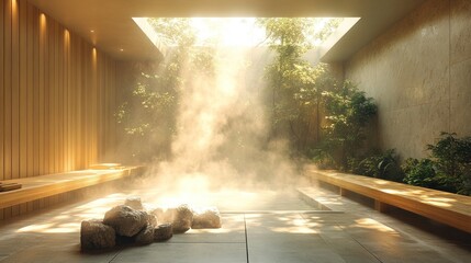 Modern spa, steamy, zen garden, daylight streams in