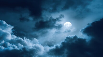 Obraz premium Serene Moonlight Blue Cloudy Sky Background – Silver Lunar Glow, Ethereal Cloud Textures, Nighttime Tranquility for Soothing Visuals