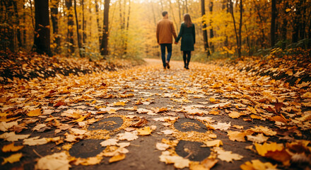Couple walking hand-in-hand on a leaf-covered path in an autumn forest during sunset