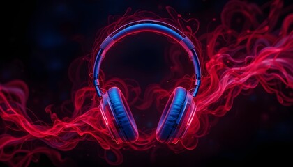 Red-swirling blue headphones against a dark backdrop
