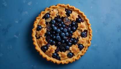 Blueberry Pie on a Blue Background with a Golden Crust