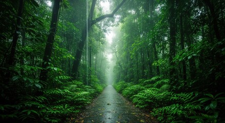 Obraz premium Rainy Forest Pathway Surrounded by Lush Greenery | rain aesthetic, forest aesthetic, rain wallpaper 4k, amazone rain forest