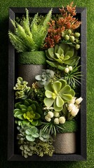Vertical framed botanical arrangement with various plants, greenery, moss, and textures providing a vibrant nature inspired decor element.