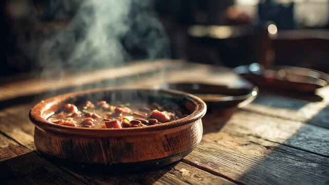 A steaming bowl of delicious feijoada on a rustic wooden table.