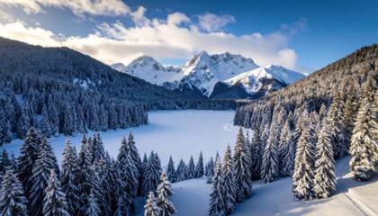 Majestic Winter Wonderland: Frozen Lake and Snow-Covered Mountains