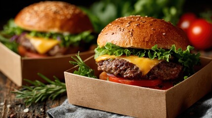 Delicious hamburger with juicy tomato served alongside in open delivery box featuring gourmet food presentation