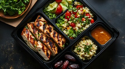 Savor a vibrant Middle Eastern bento featuring chicken shawarma, couscous salad, creamy baba ganoush, and sweet dates.