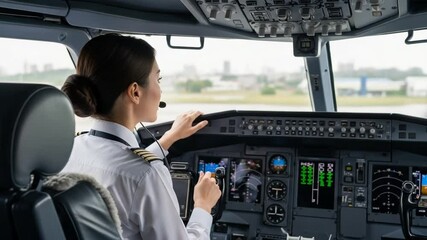 Asian Female Pilot In White Uniform Focused On Aircraft Controls Inside Cockpit With Modern Technology