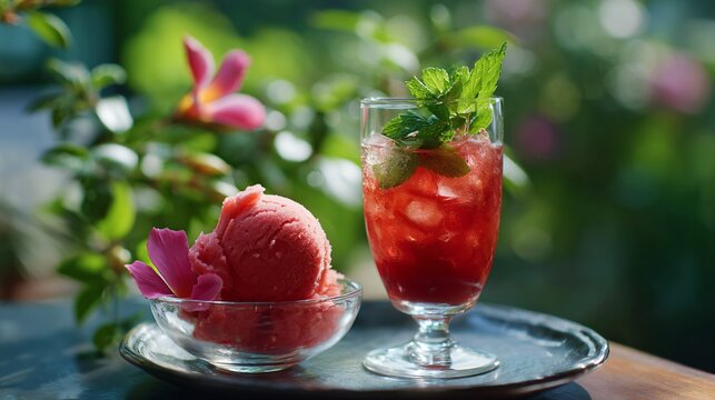 Rose petal sorbet paired with chilled hibiscus and mint cooler, airy garden setting
