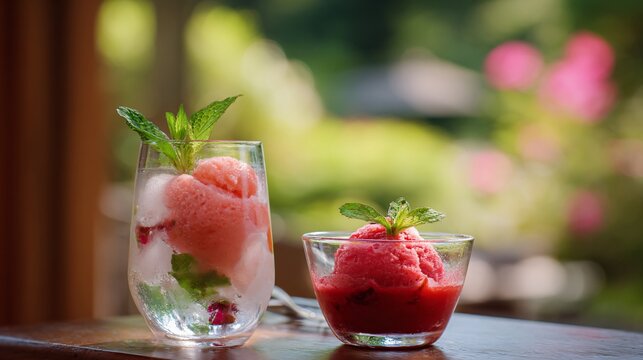Rose petal sorbet paired with chilled hibiscus and mint cooler, airy garden setting