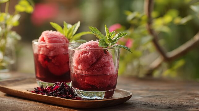 Rose petal sorbet paired with chilled hibiscus and mint cooler, airy garden setting