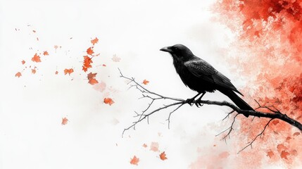 Fototapeta premium Raven perched on branch, autumn leaves, red background, contemplative mood