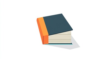 Isometric illustration of a dark-blue hardcover book with an orange spine, slightly angled, casting a shadow on a light-grey surface against a white background