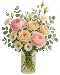 PNG roses and peonies flowers bouquet. Floral clipart png cutout isolated on transparent background