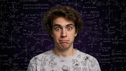 Pensive man in front of chalkboard with complex math equations - Powered by Adobe