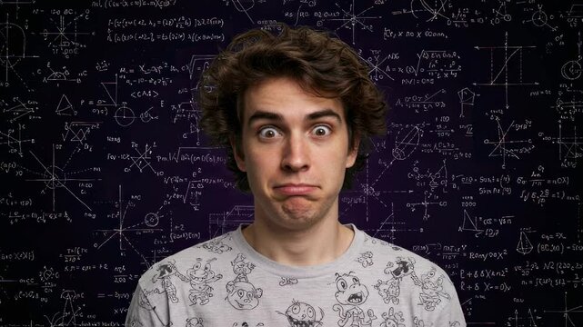 Pensive man in front of chalkboard with complex math equations