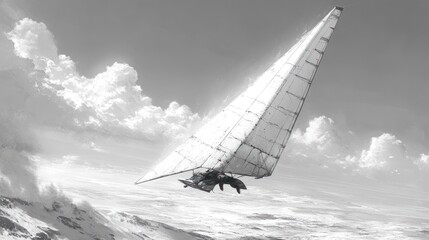 Monochrome sailboat soaring, ocean waves, cloudy sky, adventure travel