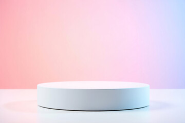 White cylindrical display platform against a pastel pink and blue gradient background