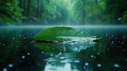 Single leaf on water, rain forest background, tranquil morning scene