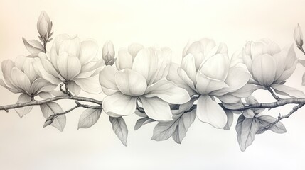 Delicate magnolia blossoms on branch, light gray background, elegant design for wallpaper or fabric