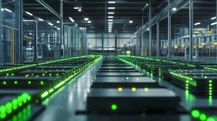 Futuristic battery production plant using green energy, showcasing clean solar technology and advanced manufacturing design.
