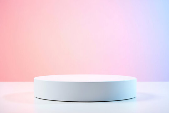 White cylindrical display platform against a pastel pink and blue gradient background